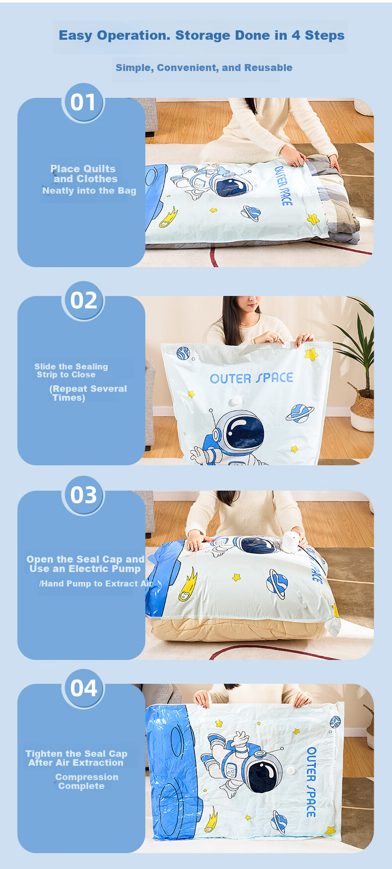 Quanpinwu Vacuum Storage Bags for Clothes, Quilts, Down Jackets, Travel, Air Suction, Leak-Proof, Silicone, Extra Thick Electric Pump, 9-Piece Set 8