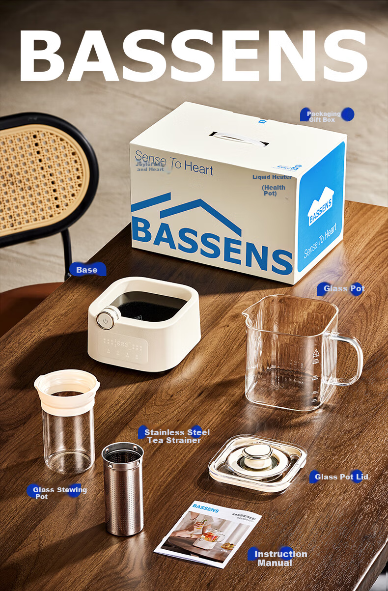 BASSENS Basen Small Square Stew Full Glass 0 Glue 0 Splicing Health Pot 1.2L Constant Temperature Household Multifunctional Office Small Electric Ceramic Stove for Brewing Flower Tea BS-D7pro with Tea 7