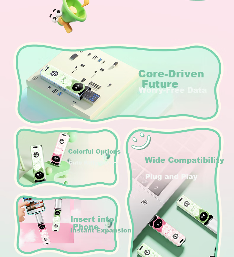 HP 64GB USB 3.2 Mint Meow High-Speed Metal USB Flash Drive Cute Couple Student Data Backup Office USB Drive Up to 230MB/s 3