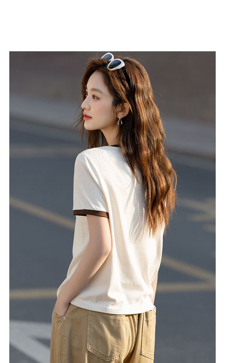 Demana [Naifu Pure Cotton] Summer Elegant Commuter Embroidered Color-Blocked Piped Patch Pocket Slimming Concealing T-Shirt for Women Premium Feel 13