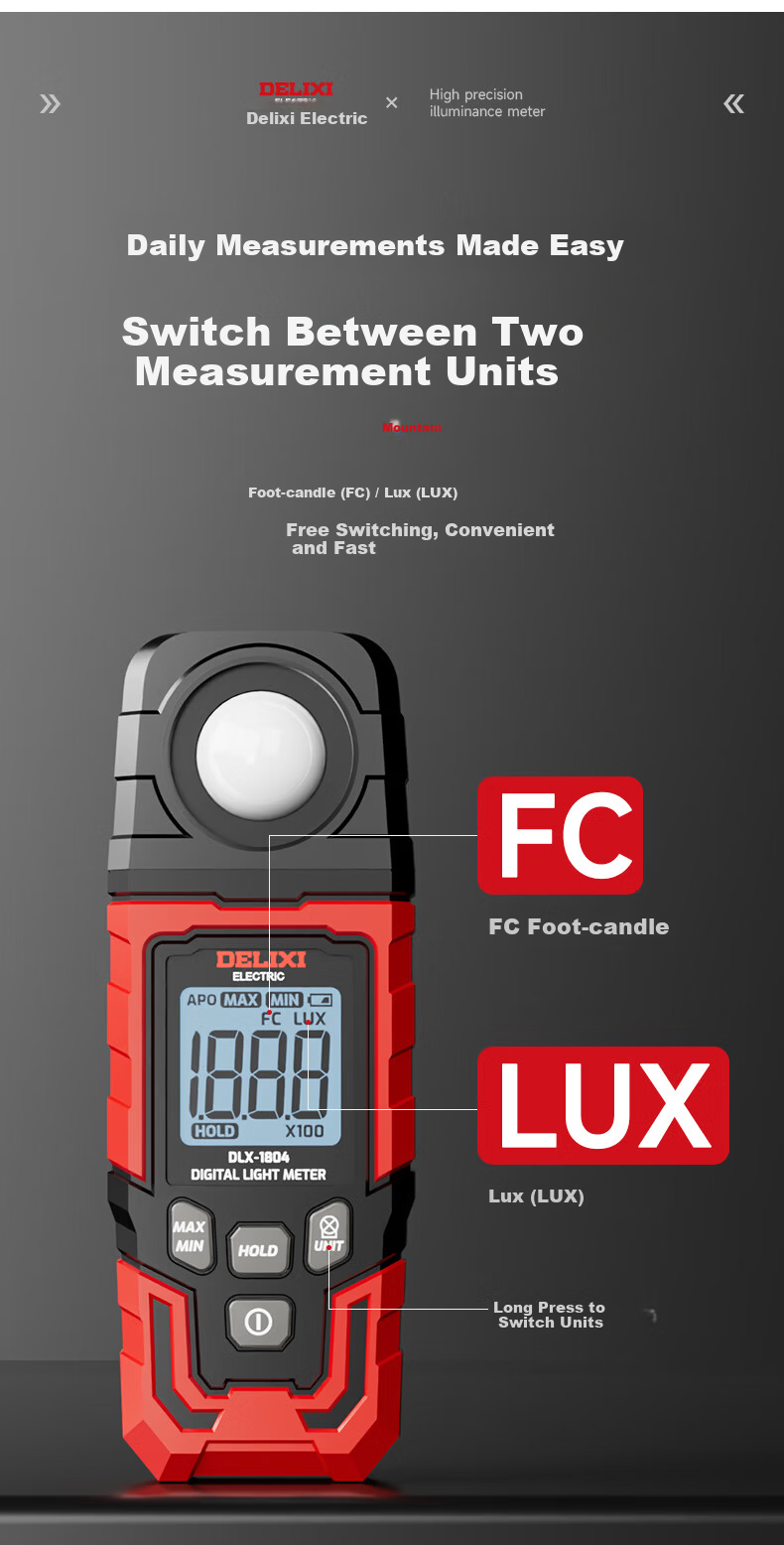 DELIXI ELECTRIC Digital Lux Meter Illuminance Meter Light Intensity Tester Brightness Detector Photometer Light Measurement Instrument 10