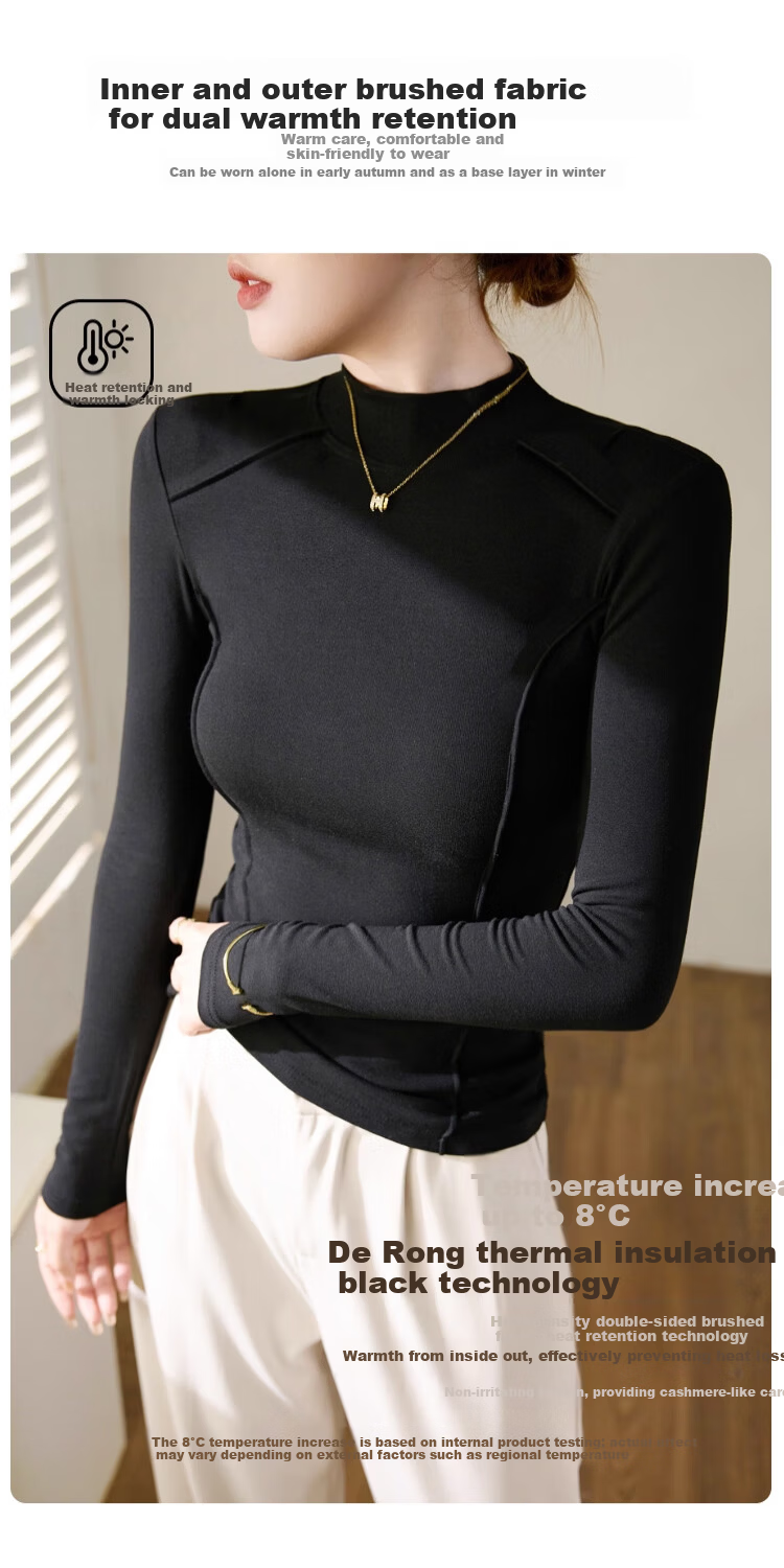 LangSha Women's Semi-Turtleneck Wool and Silk Thermal Slim Fit Herringbone Autumn Winter Base Layer Shirt 4