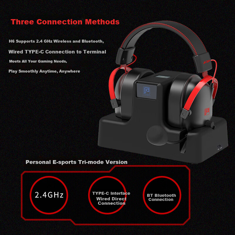 Jindun H6 Bluetooth Gaming Headset 2.4G Wireless Over-Ear Gaming Headphones Desktop PC One-Key 7.1 Surround Sound E-Sports Headset FPS Gaming Special 20
