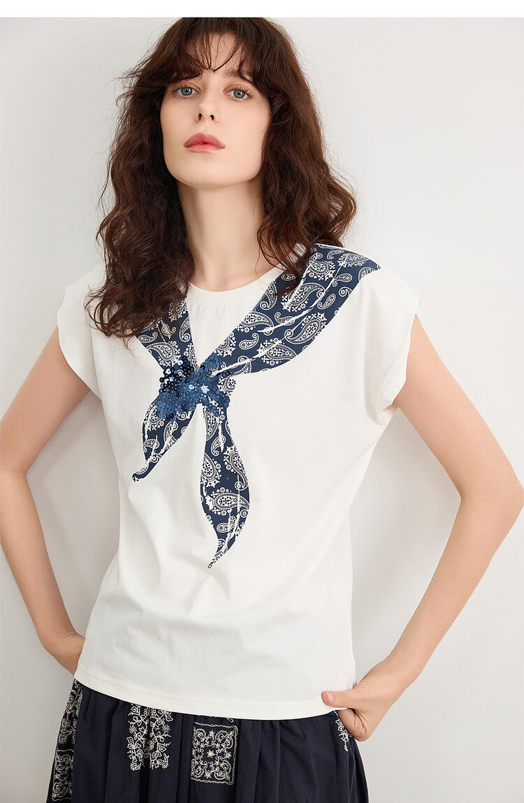 Demana [Cooling Black Technology Sorona] Summer Vintage Floral Bow Tie Round Neck Short Sleeve Loose Women's T-Shirt 15
