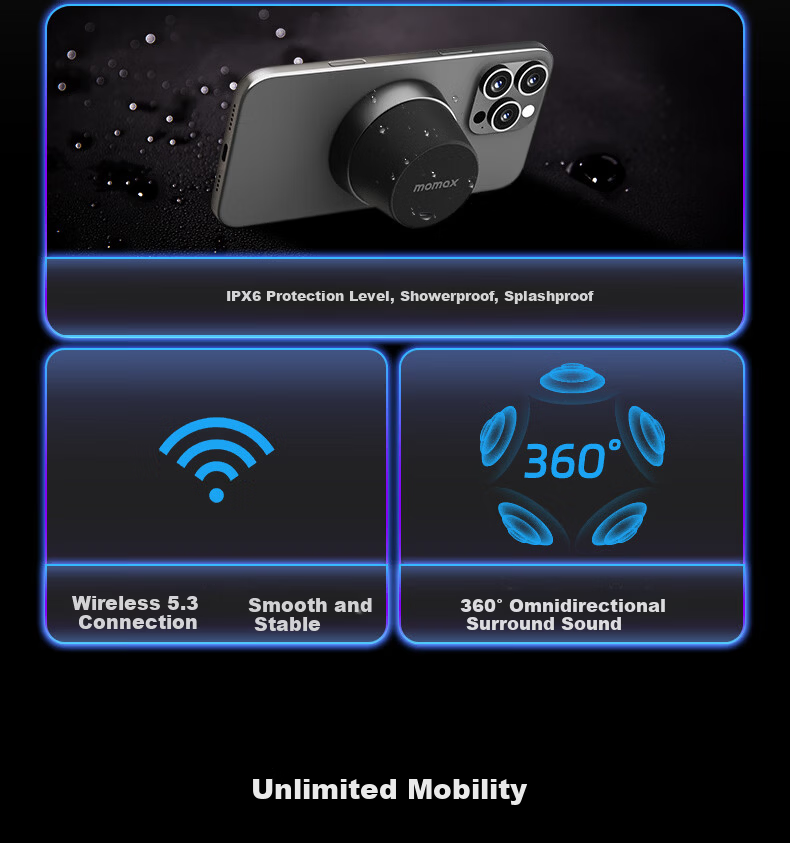 MOMAX Magnetic Wireless Waterproof Mini Outdoor Bluetooth Speaker Bathroom Surround Portable High-Quality Sound for Sports Home Car Desktop with Stand and Lanyard Gift Set 2