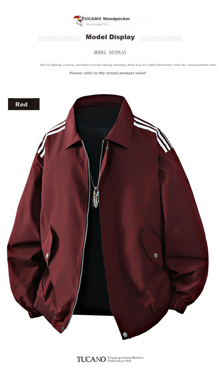 TUCANO Men's Spring Autumn Jacket Loose Fit Lapel American Retro Casual Coat Red 3XL 5