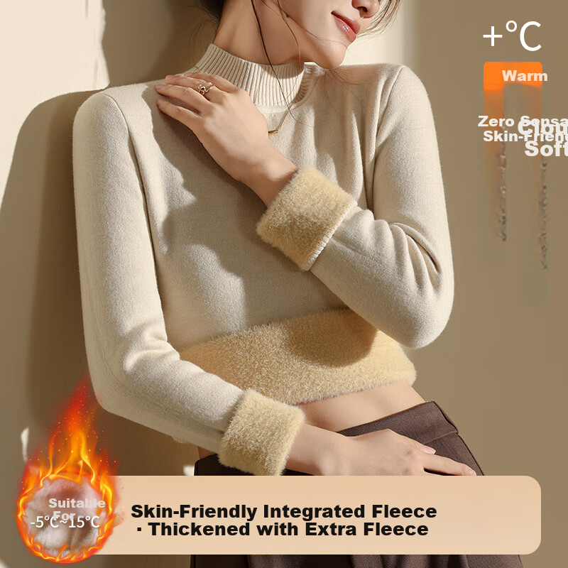 Miiow Women's Fleece-Lined Knitted Sweater Thickened Half Turtleneck Base Layer Integrated Fleece Knit Top
