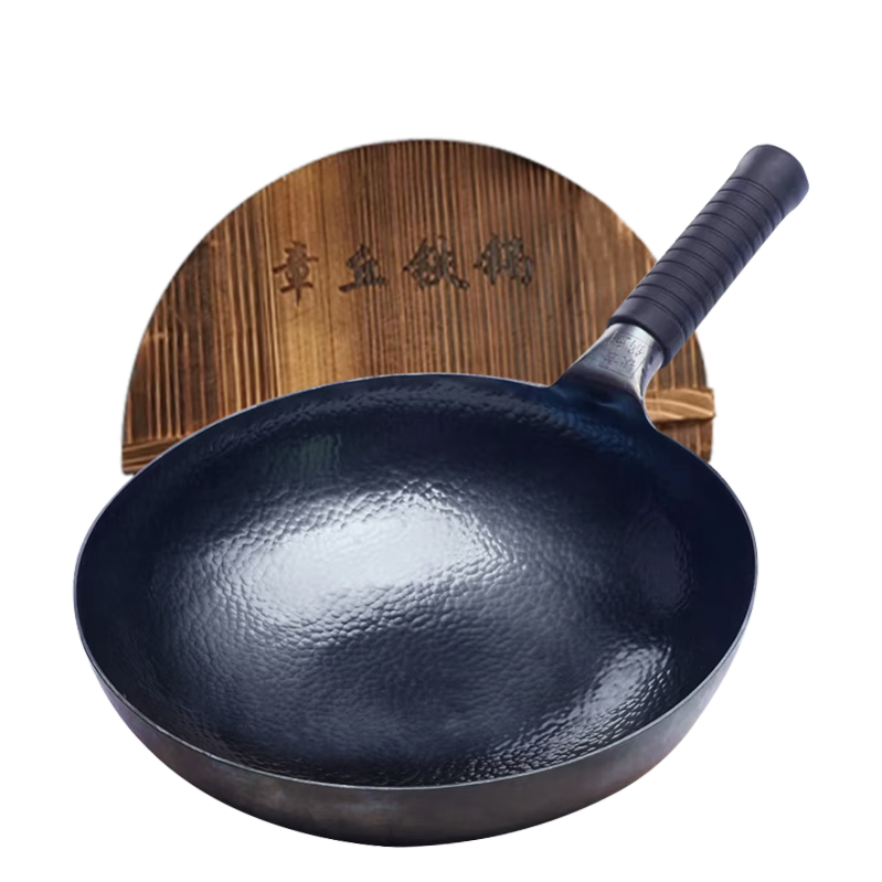 OLOFE Wok, Zhangqiu Wok, Black Iron Pan, Household Traditional Hand-Forged Round Bottom Uncoated Cookware, Large Wok Spatula, Refined Iron, 32cm