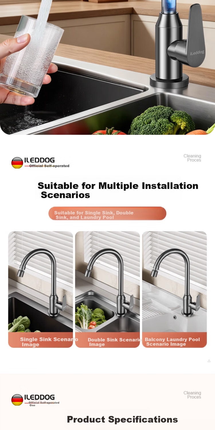 ILeddog [Germany] Kitchen Faucet Single Cold Sink Basin Swivel Splash-Proof Tap CFLT-GY2D 11