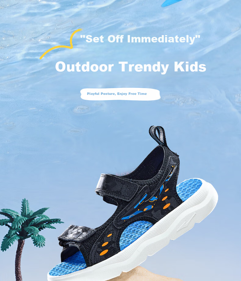 ERKE Children's Shoes, Boys' Sandals, Kids' Double-Layer Velcro Open-Toe Outdoor Sandals, Black/beach Blue, Size 36 3