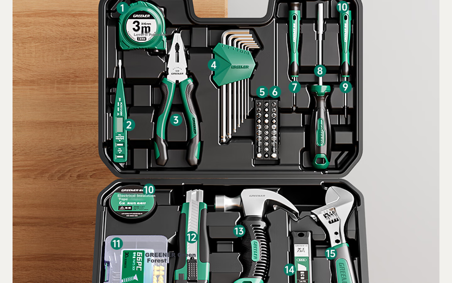 GREENER Household Toolbox Set Electrician Carpenter Telecom Repair Hardware Hand Tool Set 123 Pieces 26