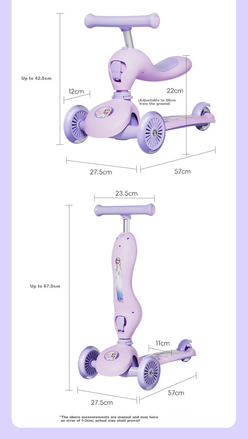 Disney Kids Scooter 1-3 Years Toddler Ride-On Walker 2-in-1 Flashing Wheels Elsa Princess Girl 10