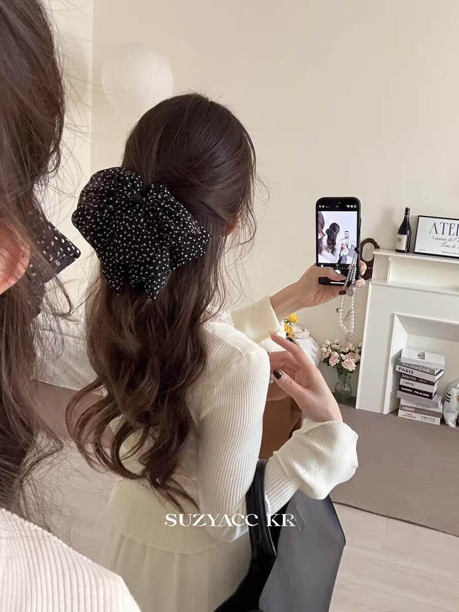 Dongyi Selected Vintage Polka Dot Three-Layer Tulle Bow Ponytail Clip Half-Up Hair Bun Shark Clip Hair Accessories 6