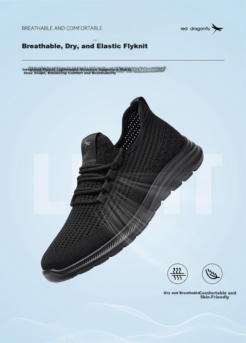 Red Dragonfly Men's Flyknit Mesh Shoes Breathable Soft Sole Durable Lace-up Walking Casual Shoes WXA150181 Black Size 40 2