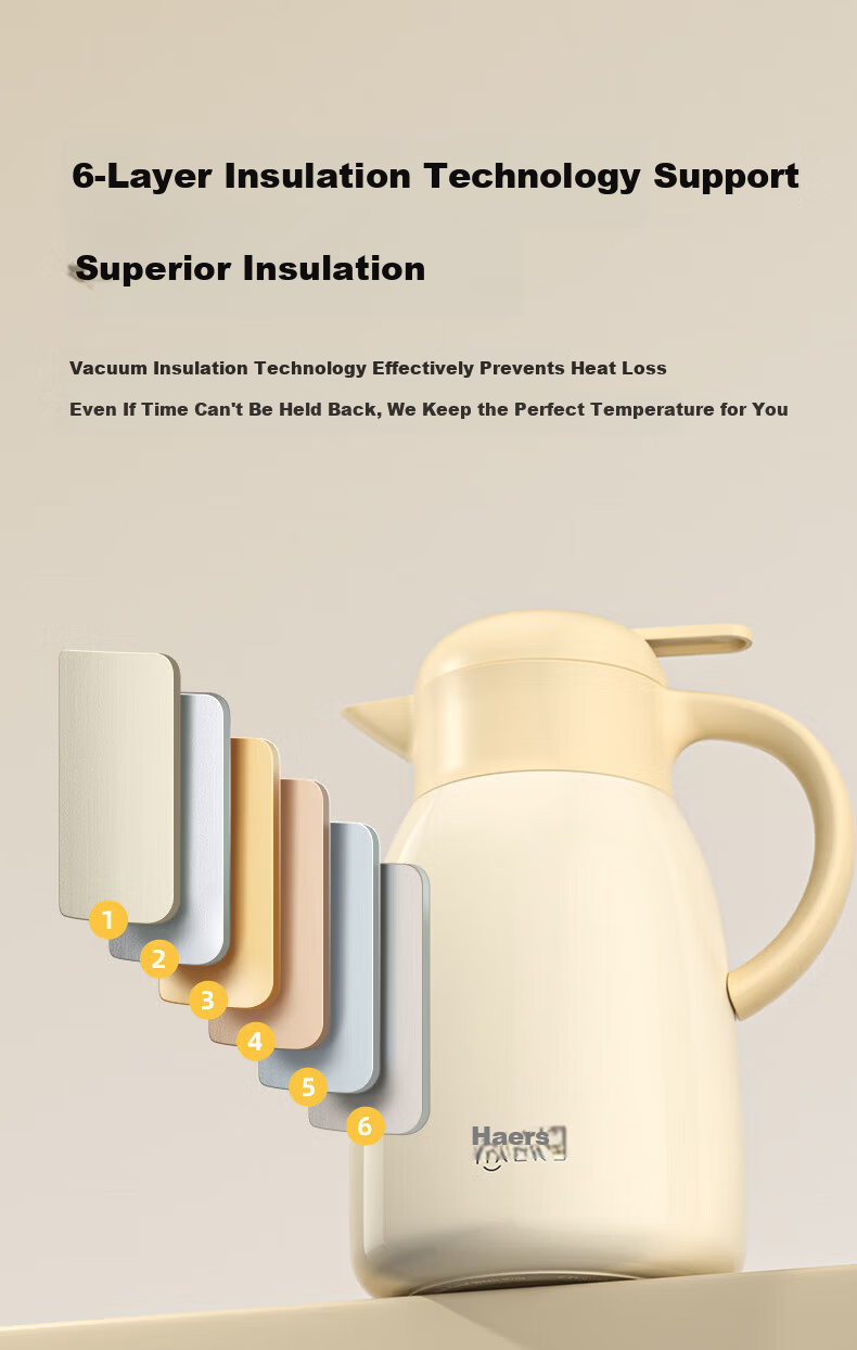 Haers 316L Stainless Steel Insulated Thermos Flask Household Large Capacity Hot Water Kettle Ivory White 2L 4
