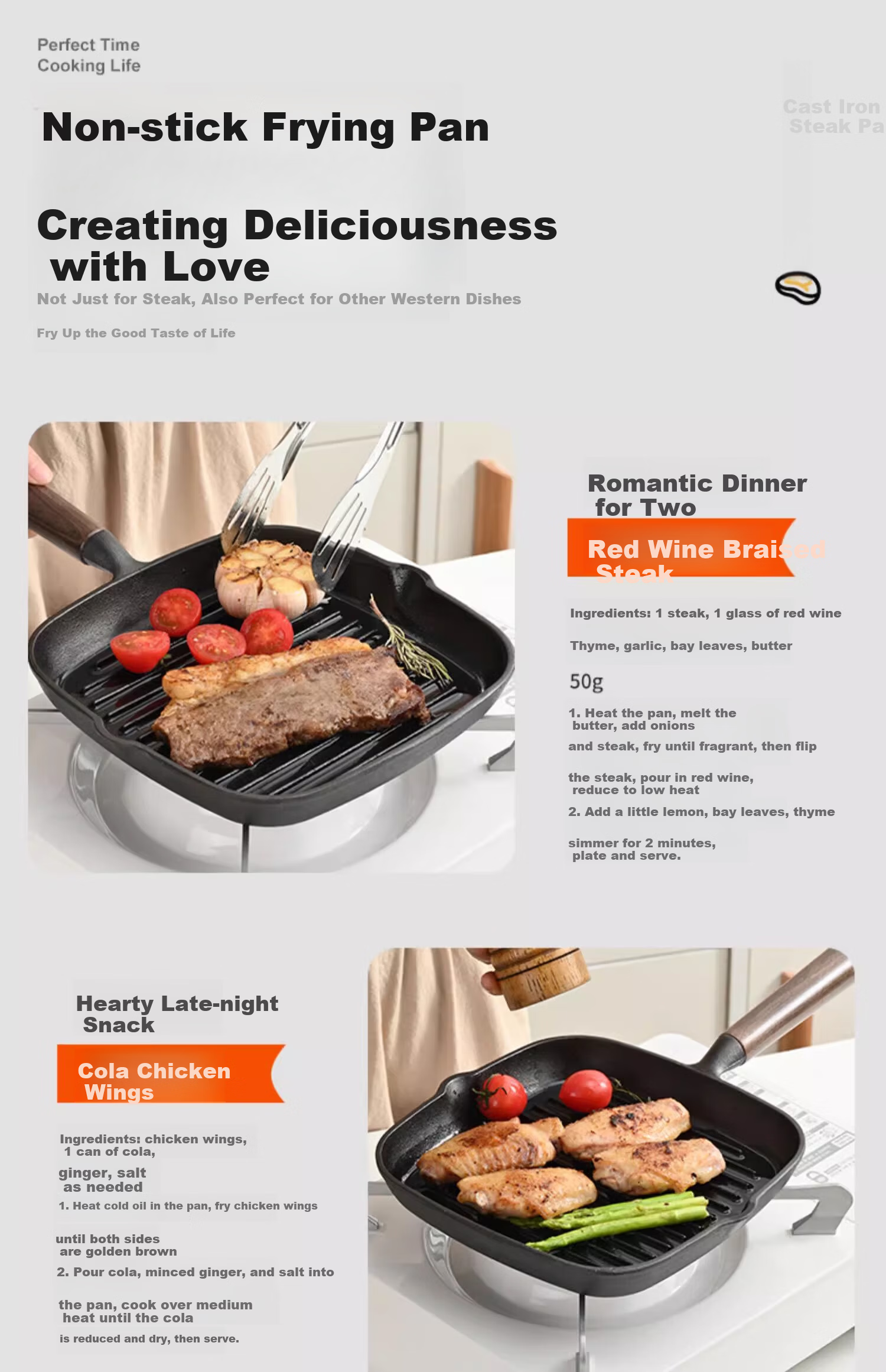 PAKCHOICE Steak Frying Pan Breakfast Cast Iron Skillet Non-Coated Flat Pan 23cm Compatible with Gas Stove and Induction Cooker 20