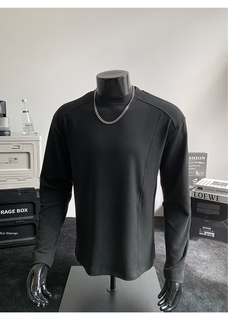 CLOR Patchwork Double-Sided Velvet Long Sleeve T-Shirt Men Spring Autumn Warm Pullover Crew Neck Base Layer CXT06 Black L 13