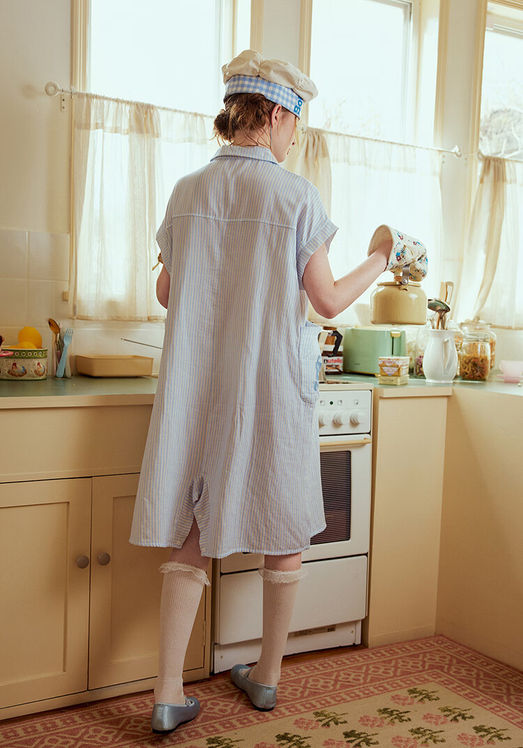 Gukoo Women's Summer Pajamas Ratatouille Doll Collar Nightdress Pure Cotton Jumpsuit Homewear Set Light Mist Blue S 33