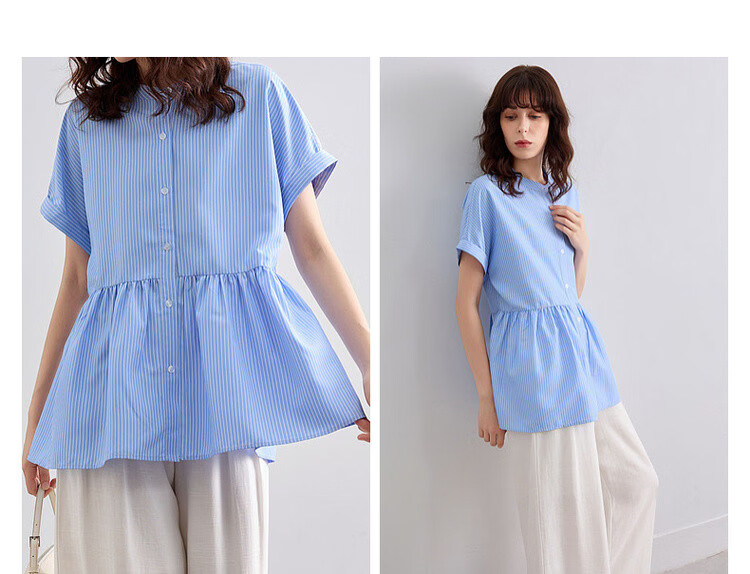 Demana Commuter Aesthetics Summer Refreshing Color-Block Striped Stand Collar Loose Fit Short Sleeve Shirt Women's Top 9