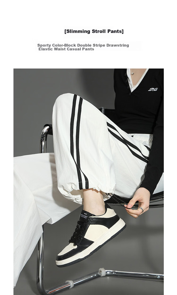 Demana Slimming Casual Pants Spring Sports Color-Block Double Stripe Drawstring Elastic Waist Straight-Leg Concealing Trousers for Women Premium 1