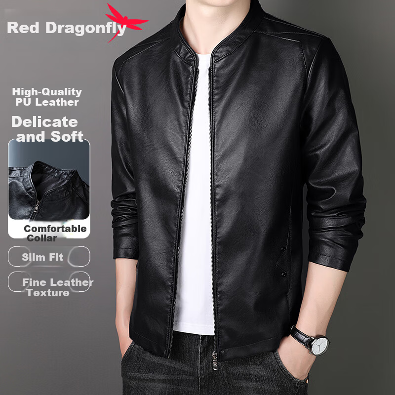 RED DRAGONFLY Men's Commuter Casual Fashion Baseball Collar PU Leather Jacket Black L