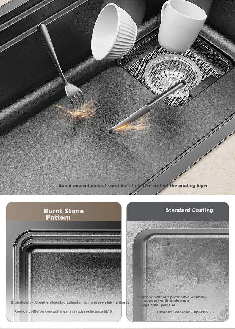 JOMOO Magician Kitchen Sink 304 Stainless Steel Large Single Bowl Black Titanium Forged Texture Narrow Edge Undermount Sink 7