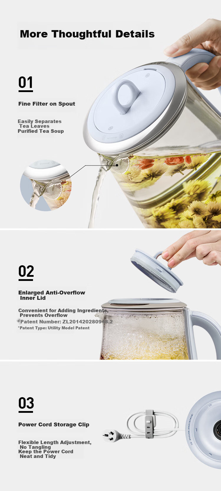 Buydeem Health Pot Electric Kettle Tea Maker Herbal Medicine Kettle Black Tea Stewing Glass Flower Tea Pot K159T Baby Blue with Glass Stewing Pot 13