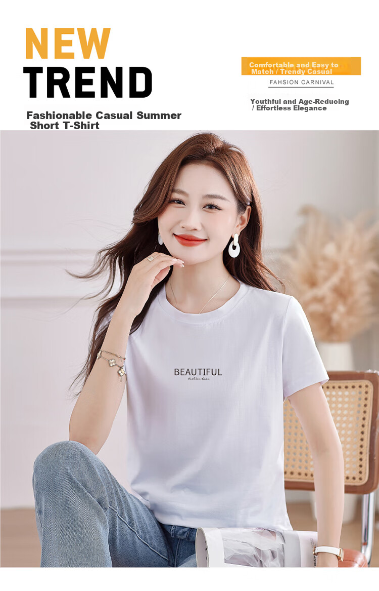 Woodpecker Women's Pure Cotton Short Sleeve T-Shirt Summer Printed Fashion Round Neck Slim Fit Simple Half Sleeve Top White 3XL 1