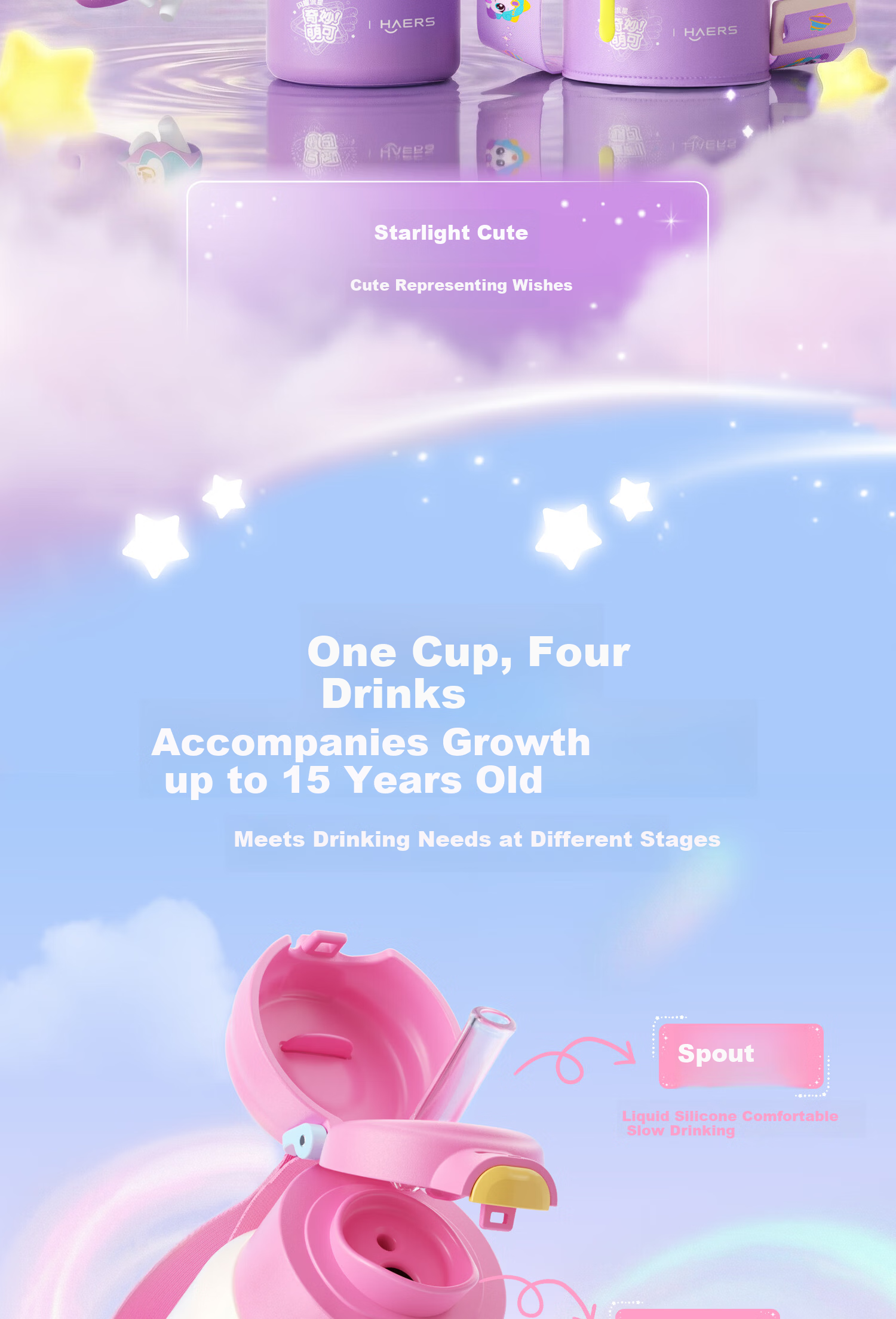 HAERS Cute Kids Insulated Straw Water Bottle Portable School Cup for Girls Pink 600ml 6
