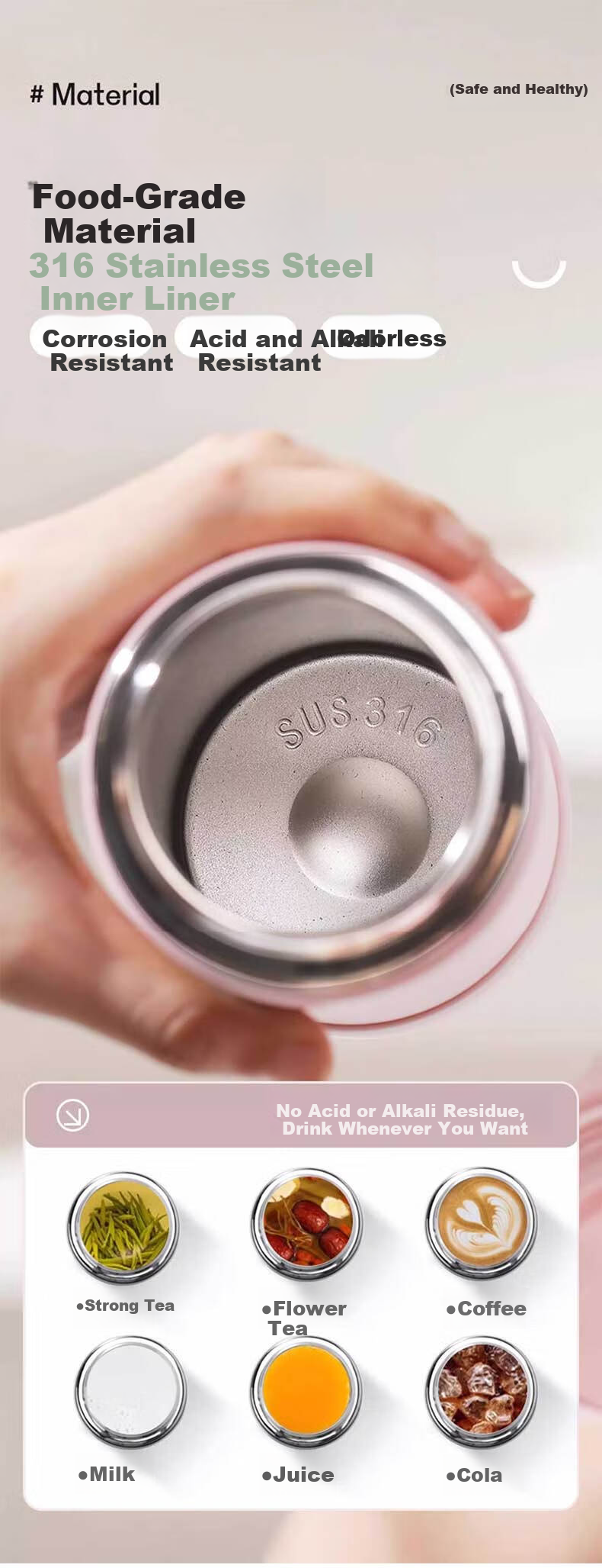 Cille 316 Stainless Steel Insulated Large Capacity Men's Straw Cup Portable Sports Water Bottle Milk Coffee White 600ml 2