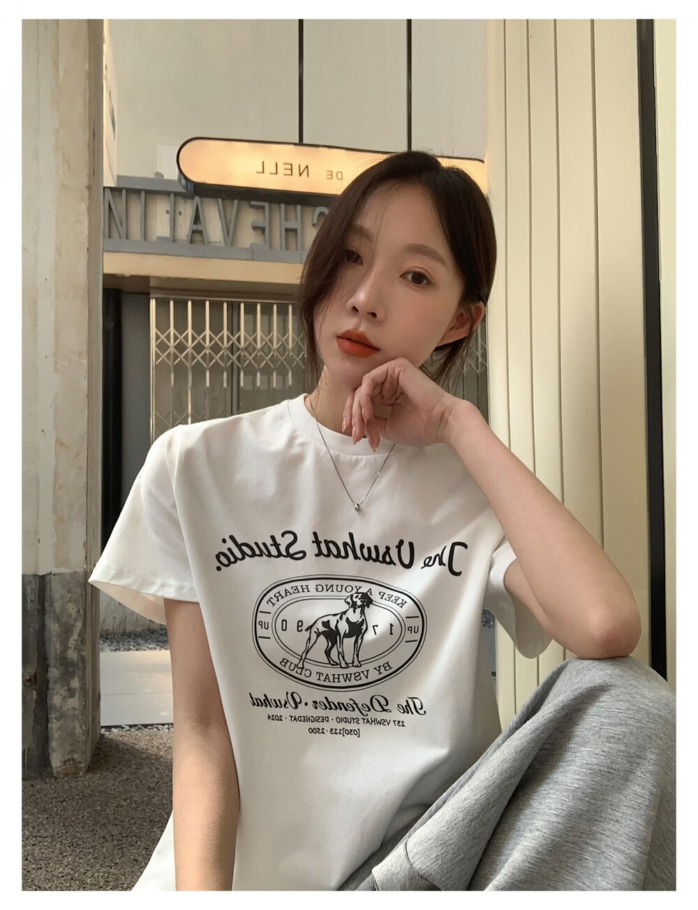 ICH MODE "Puppy Travelogue" Korean Retro College Style Chic Shoulder Short Sleeve T-Shirt Women Casual Top White M 26