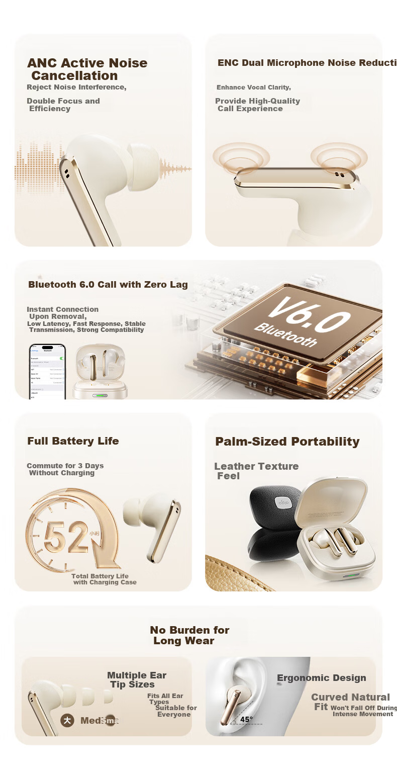 Aigo In-Ear Bluetooth Earphones Active Noise Cancelling Bluetooth 6.0 Business Music HD Call 52H Battery Life Luxury Leather Texture Universal for Xiaomi Apple TA56 Beige 3