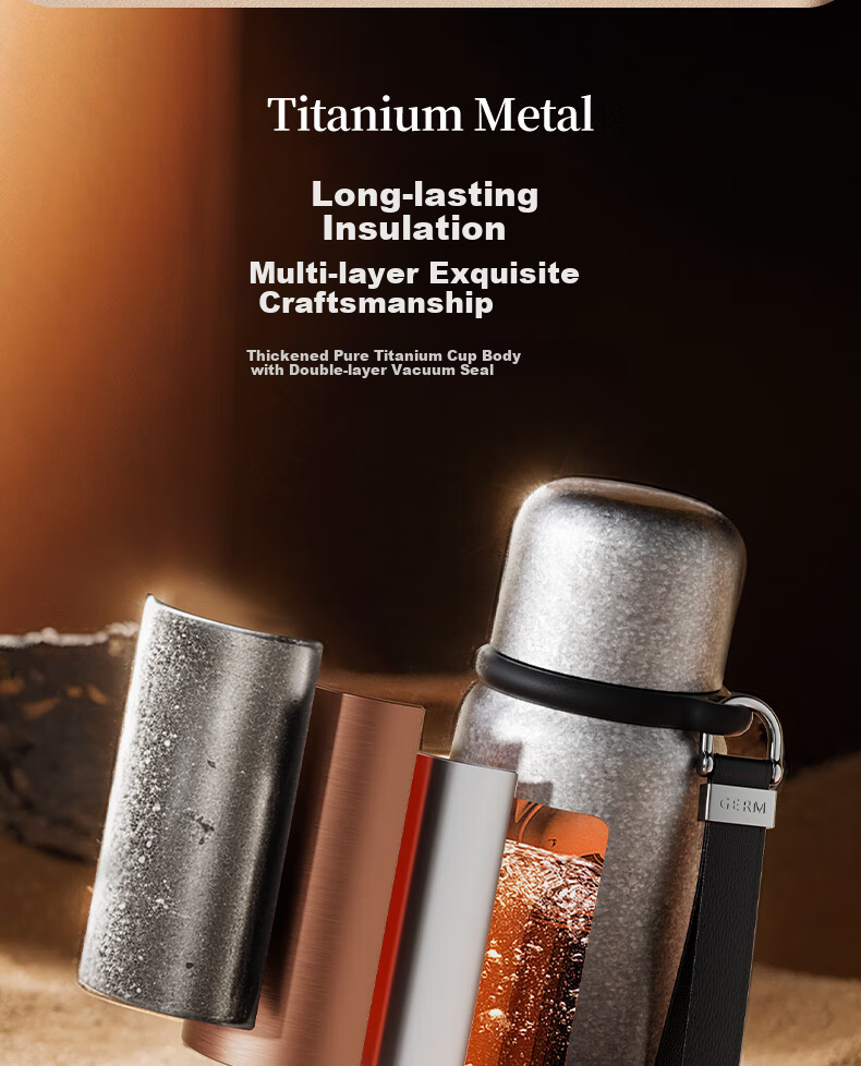 Germ Pure Titanium Insulated Water Bottle for Men and Women with Temperature Display, Direct Drinking Tea Cup, High-End Gift, 580ML Black Gold 14