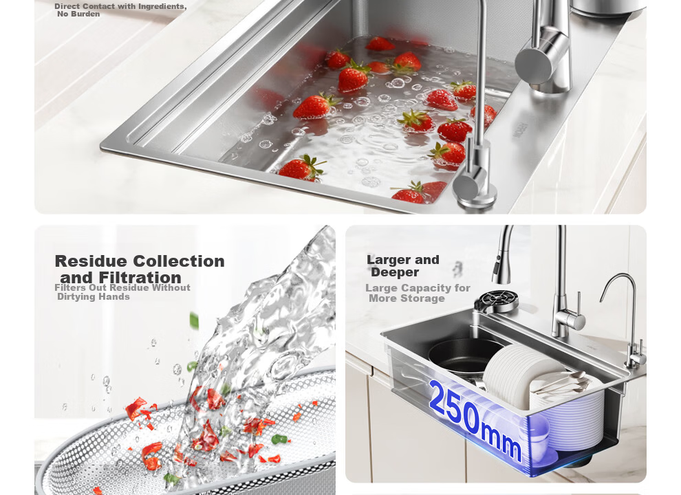 ARROW 3mm Thick 0-Coating Embossed Water Groove Large Single Bowl 304 Stainless Steel Vegetable Washing Sink Handmade Strainer Top-Mount and Under-Mount Basin 9