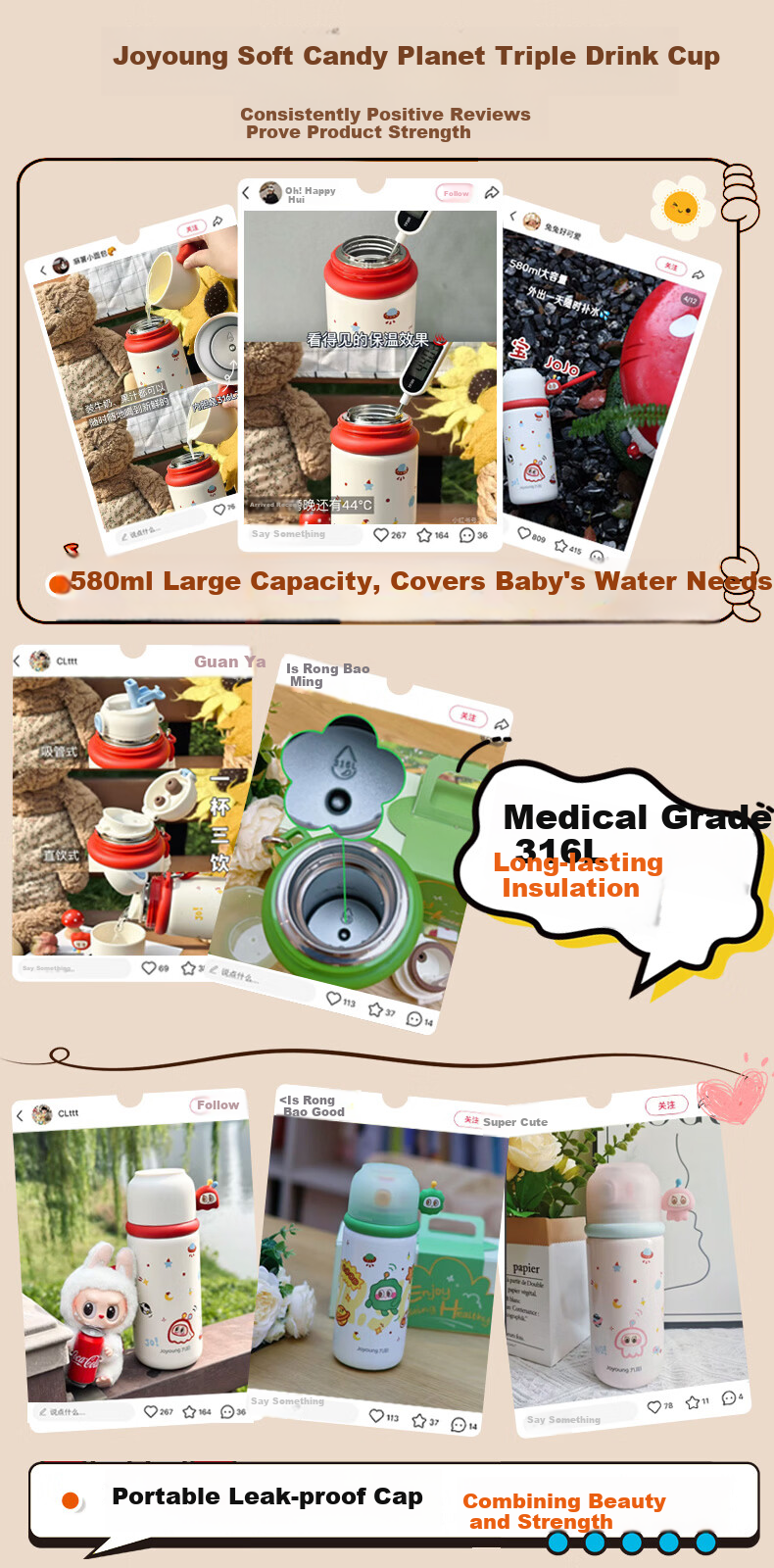 Joyoung Insulated Bottle 316L Stainless Steel Large Capacity Outdoor Portable High-Value Thermos Cup 1.3L White 1