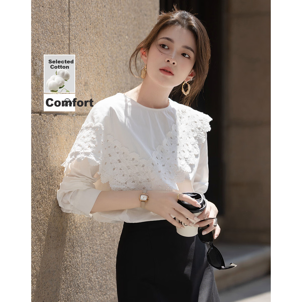 Demana [Le Enjoy Pure Cotton] Spring and Autumn Irregular Layered Lace Splice Round Neck Loose Blouse Women's Shirt Top