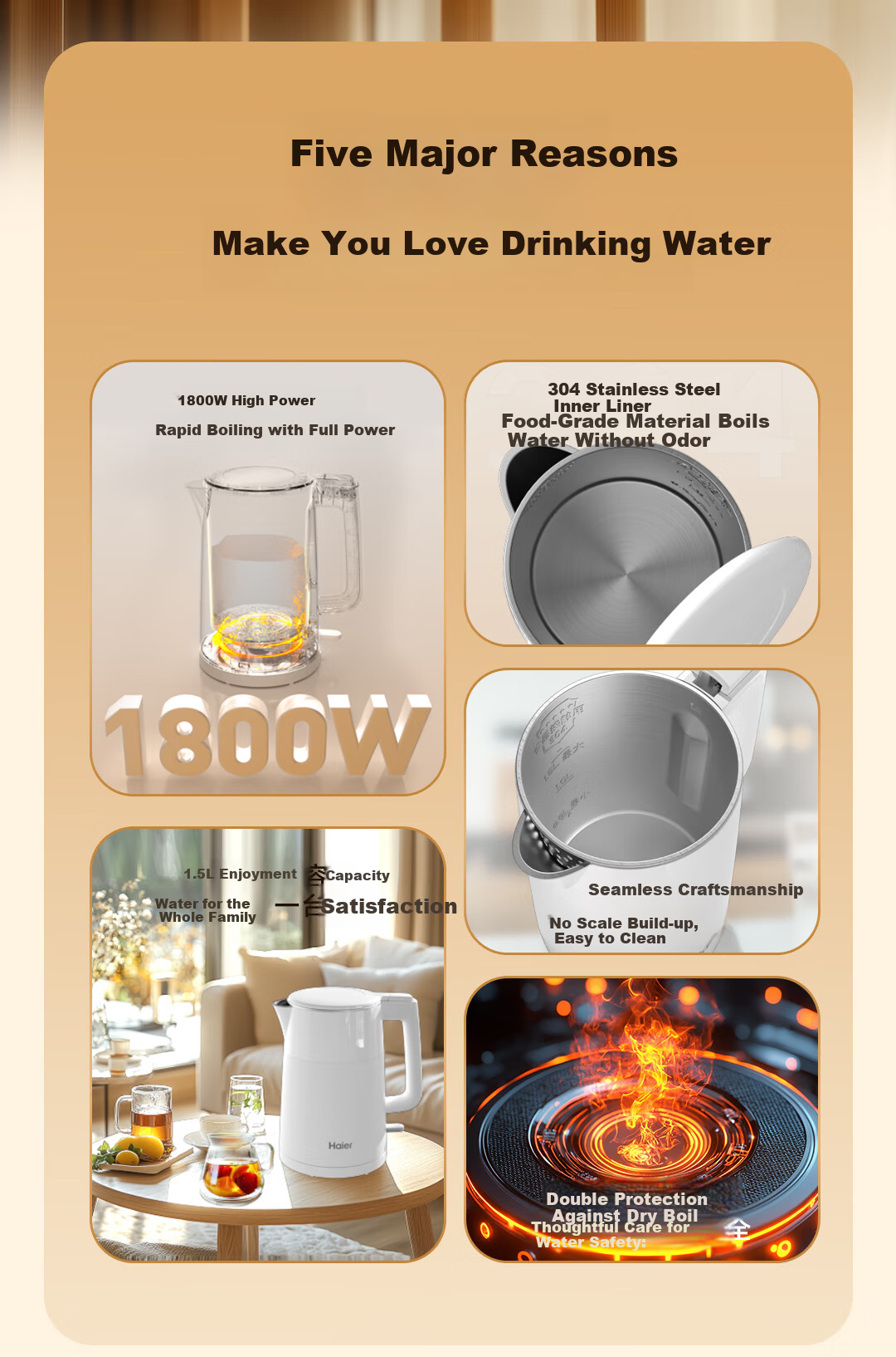 Haier Electric Kettle 304 Stainless Steel Double-Layer Anti-Scald Boiling Kettle Dry-Burn Protection Auto Power Off Household Electric Kettle 1.5L HSK-K515W 2