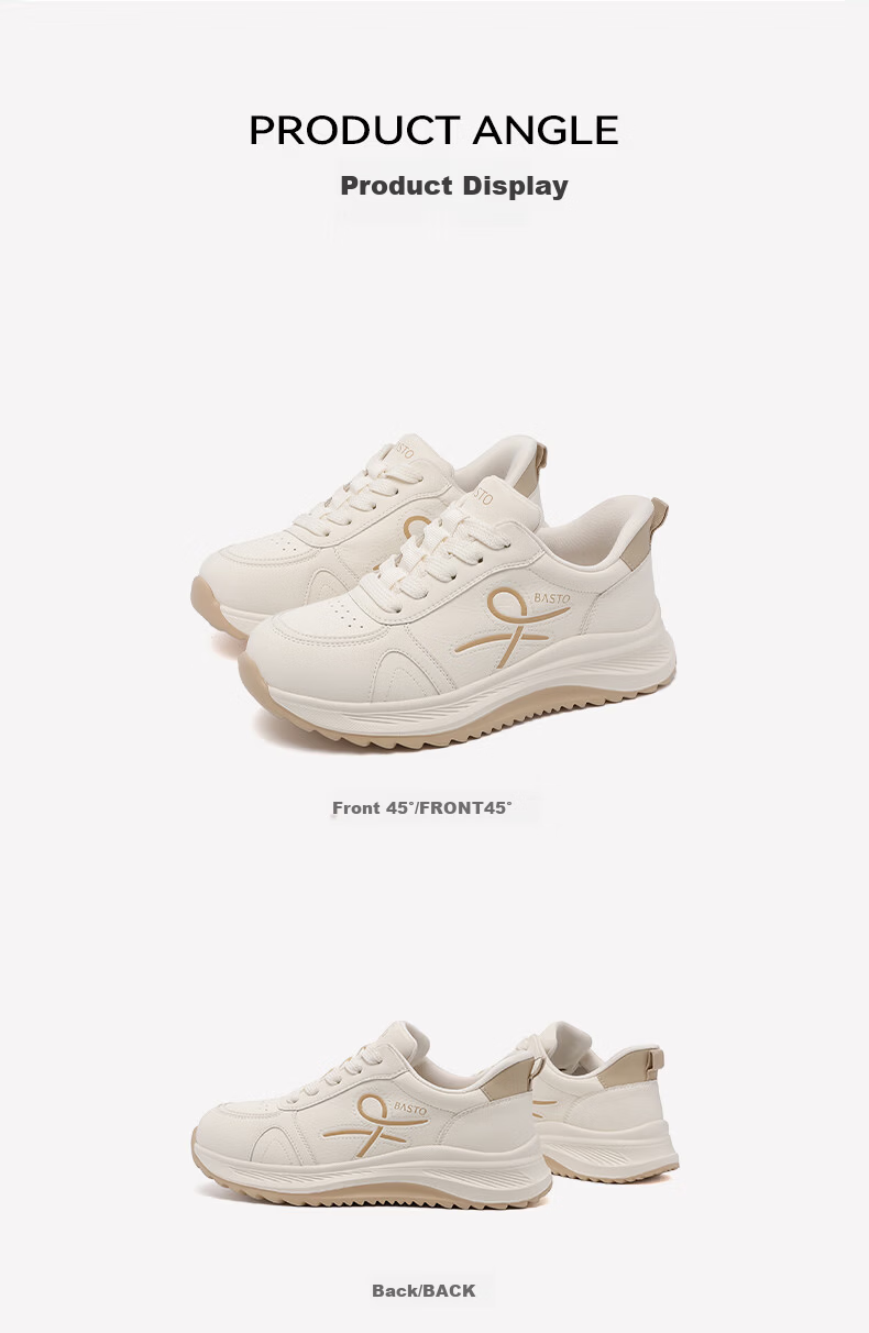 Basto Women's New Flash-On Sports Casual Shoes Wide Width Thick Sole Height Increasing Breathable White Sneakers S1187AM6 Beige Size 35 7