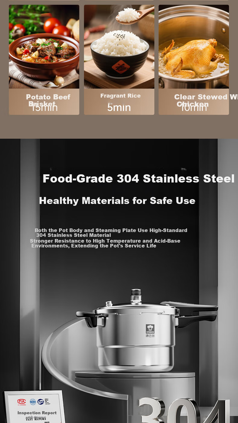 KBH 304 Stainless Steel 6L Pressure Cooker 22cm Steamer Fast Cooking Explosion-Proof High Pressure Pot Compatible with Gas and Induction Cookers 3
