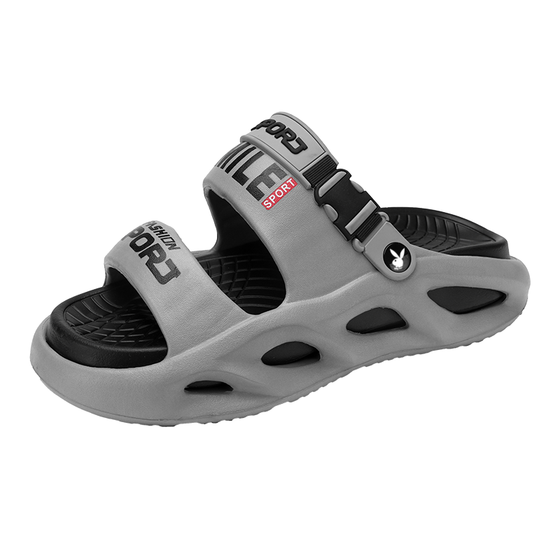 PLAYBOY Men's Sandals 2026 Summer Hollow-out Fashion Thick-soled Beach Shoes Soft Sole Slippers Gray Black Size 40/41