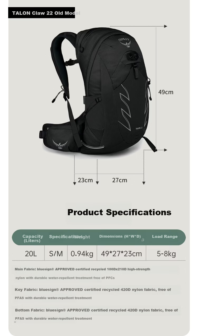 OSPREY Talon Claw 22L New Small Eagle Backpack Professional Outdoor Hiking Lightweight Travel Mountaineering Bag Men Black O/S 5