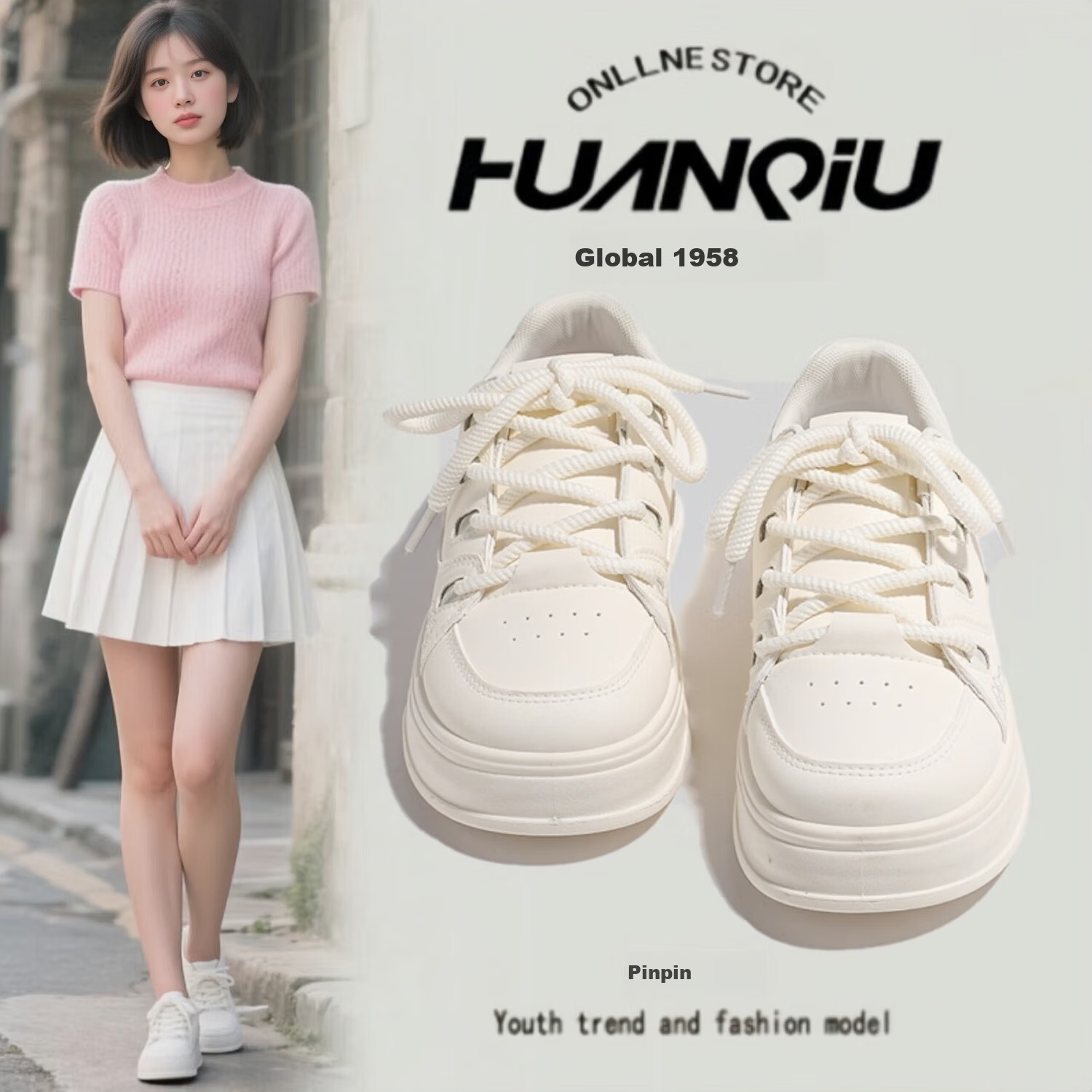 Global Platform Thick Sole Height Increasing White Sneakers for Women 2026 Spring New Cute Cat Sports Student Casual Skate Shoes Beige 36