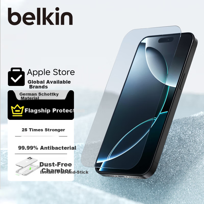 BELKIN Tempered Glass Screen Protector for iPhone 17 Pro Max, Anti-Drop Film with German Schott Antibacterial Material