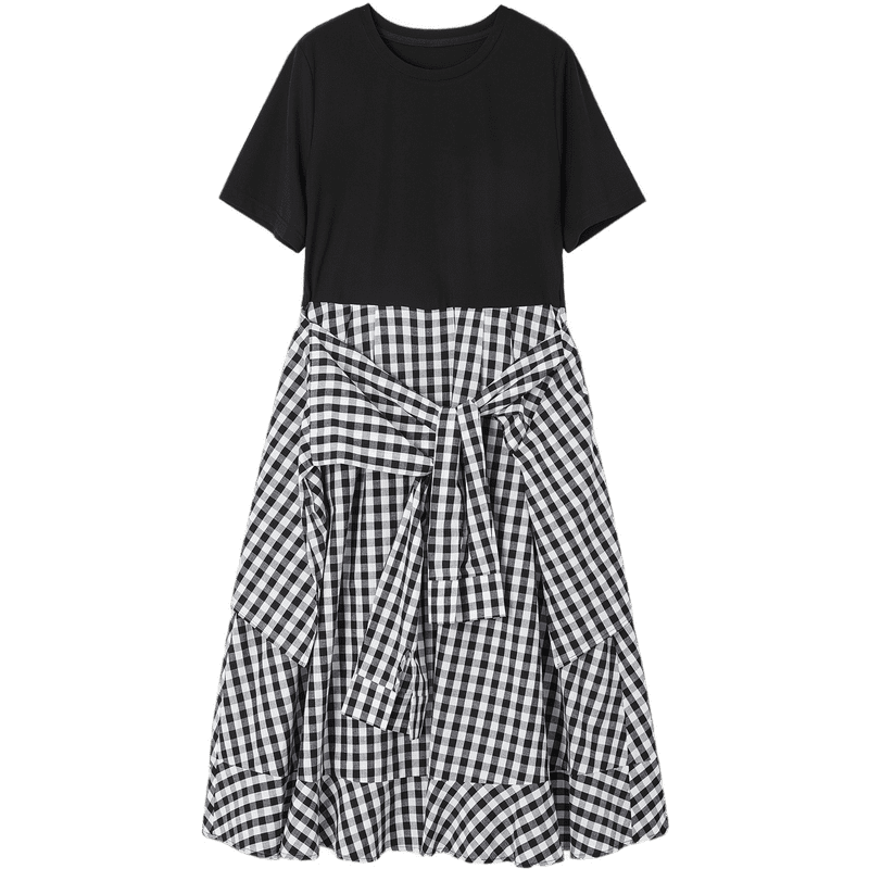 Demana Faux Two-Piece Style Summer Urban Casual Plaid Patchwork Round Neck Waist-Slimming Mid-Length Dress for Women