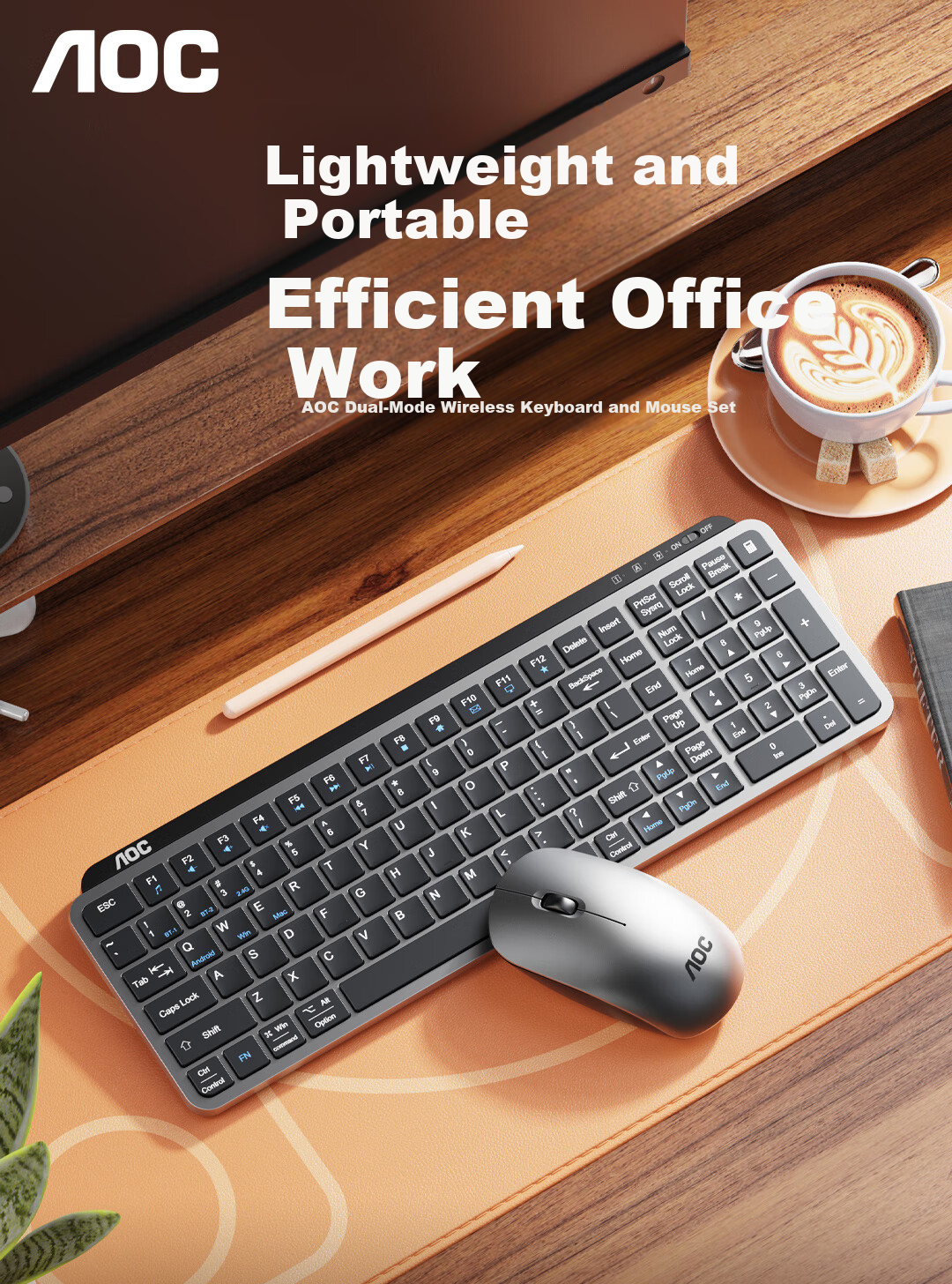 AOC KM600 Wireless Bluetooth Keyboard And Mouse Combo, Dual-Mode Rechargeable Keyboard And Mouse, Scissor Foot Structure, Splash-Resistant, Compatible with Laptops, Black 1