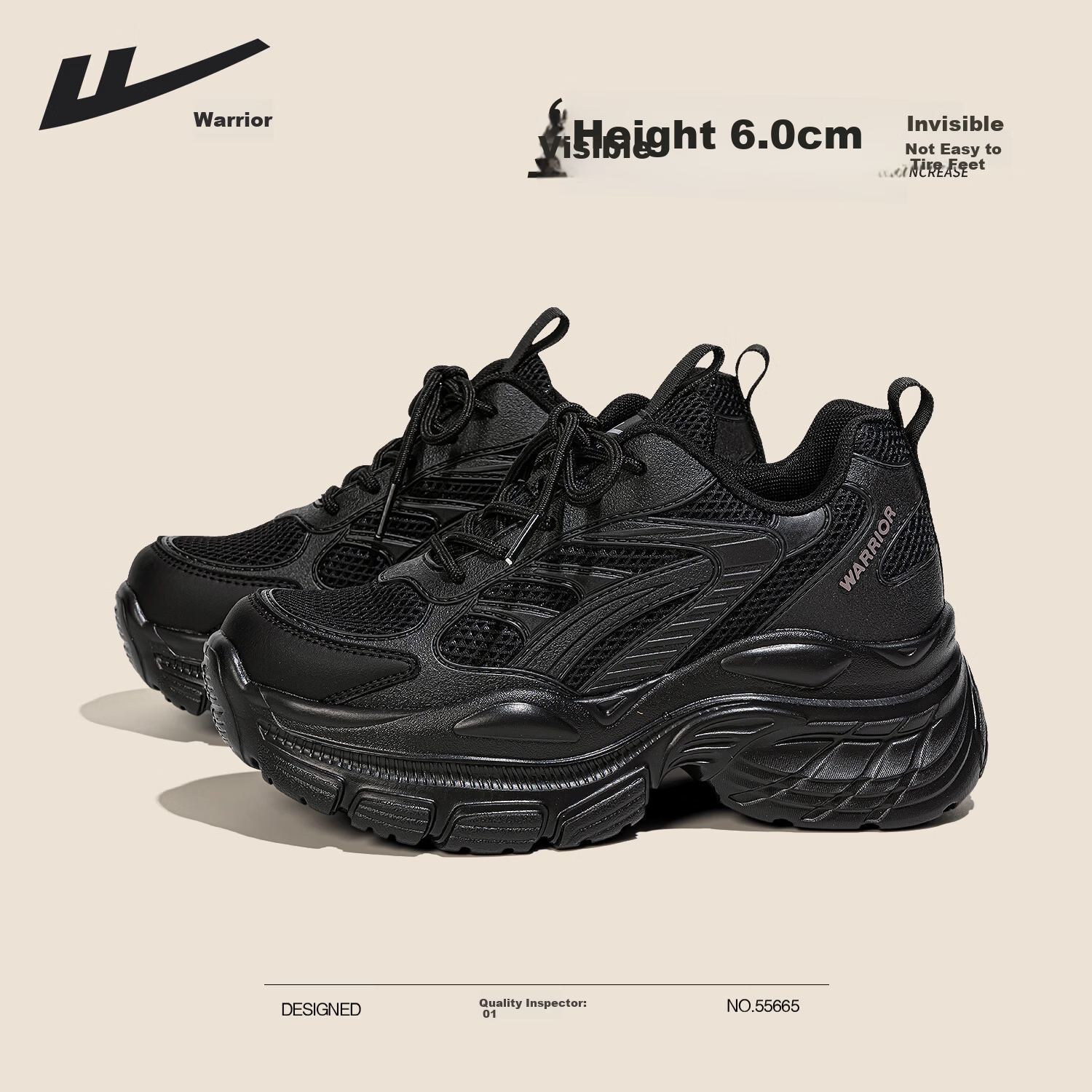 Warrior Thick Sole Dad Shoes Women's New Comfortable Height Increasing Slimming Commuting Casual Shoes Black 36