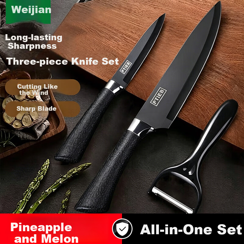 Weijian Black Blade Stainless Steel Pineapple And Watermelon Fruit Knife Set, Peeling Knife, Portable Three-Piece Set for Peeling Fruits And Vegetables, Kitchen Knife