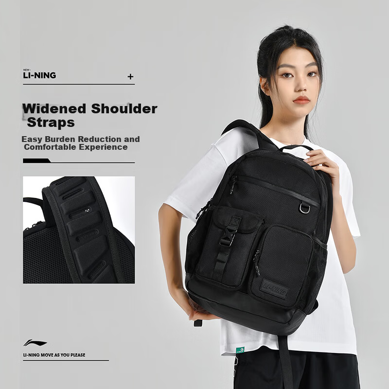 LI-NING Badminton Bag Unisex Multifunctional Large Capacity Backpack Sports Outdoor Travel School Bag Black