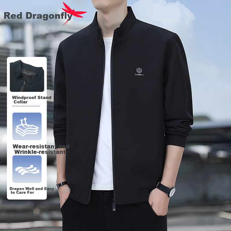 RED DRAGONFLY Men's Casual Fashion Business Commuter Simple Versatile Windproof Comfortable Stand Collar Jacket Black L