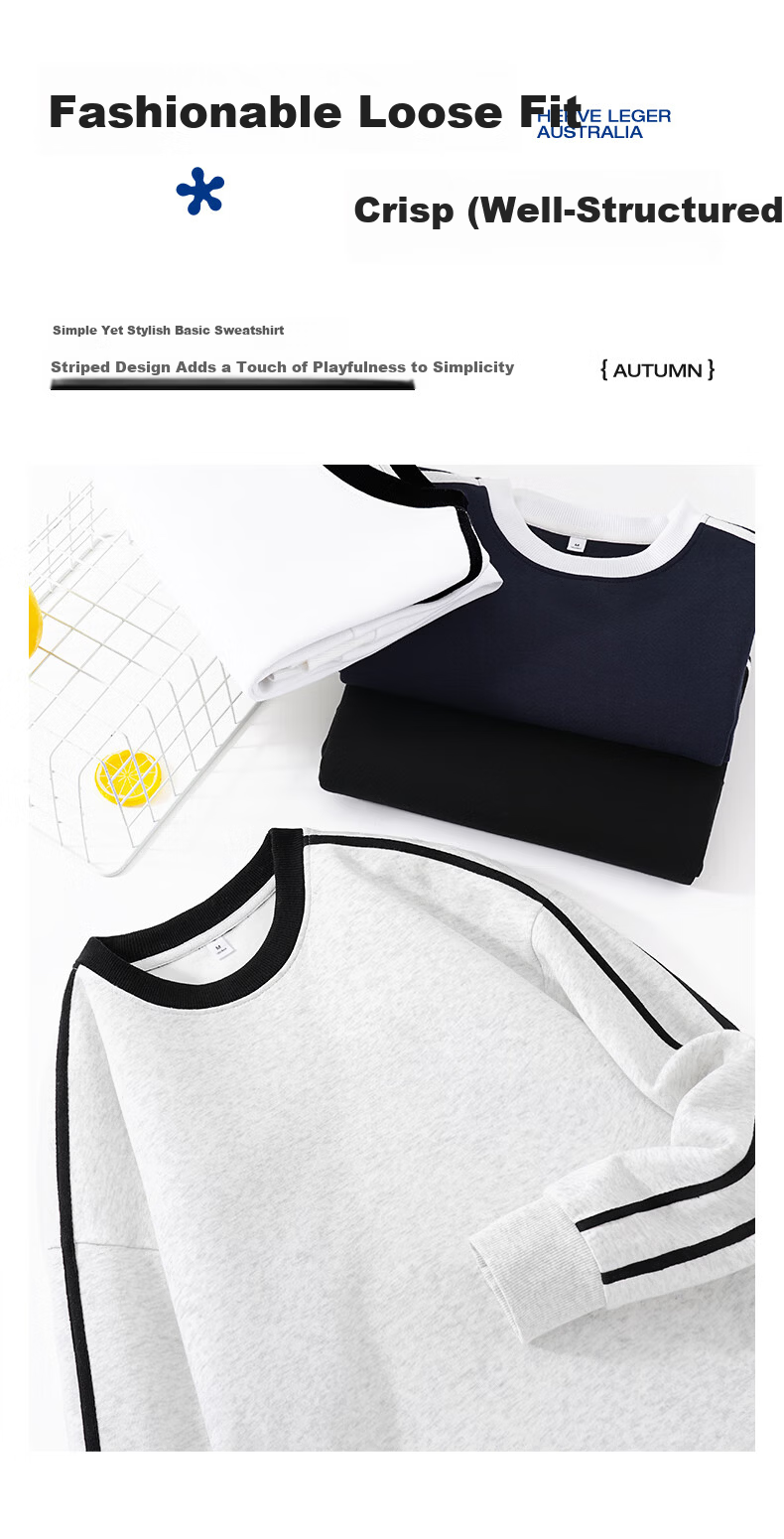 Jeanswest American Casual Navy Crew Neck Sweatshirt for Women 2026 Spring New Loose Fit Hoodless Long Sleeve Top with Two Stripes 5